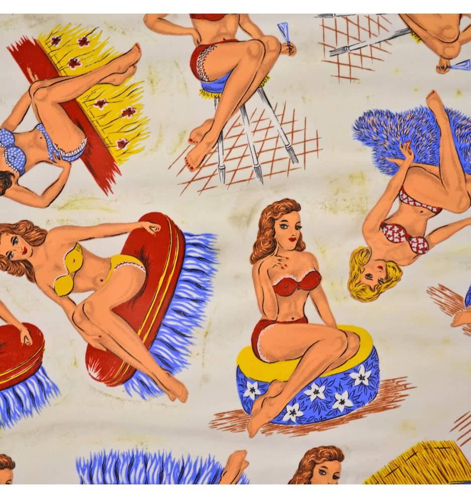 Mid-Century Modern Framed Bikini Girls Decal Print, circa 1960s