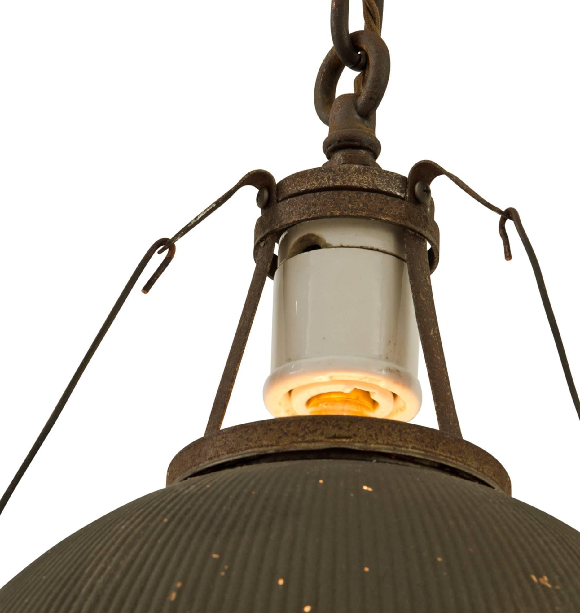 Oversized Pendant with Weathered Permaflector Shade, circa 1905 In Distressed Condition For Sale In Portland, OR
