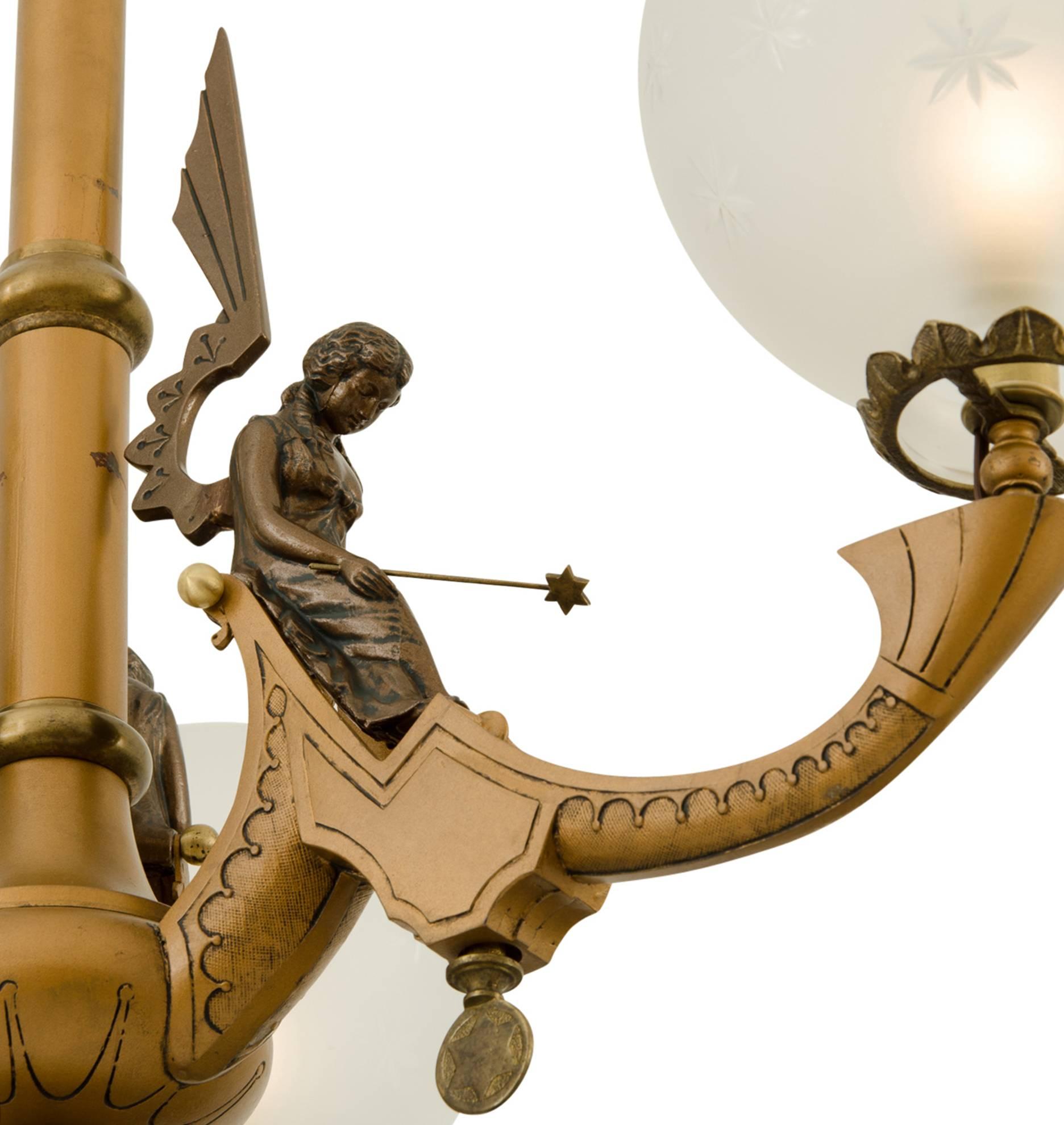 Neoclassical Remarkable three-Light Gasolier with Winged Fairies, circa 1870s