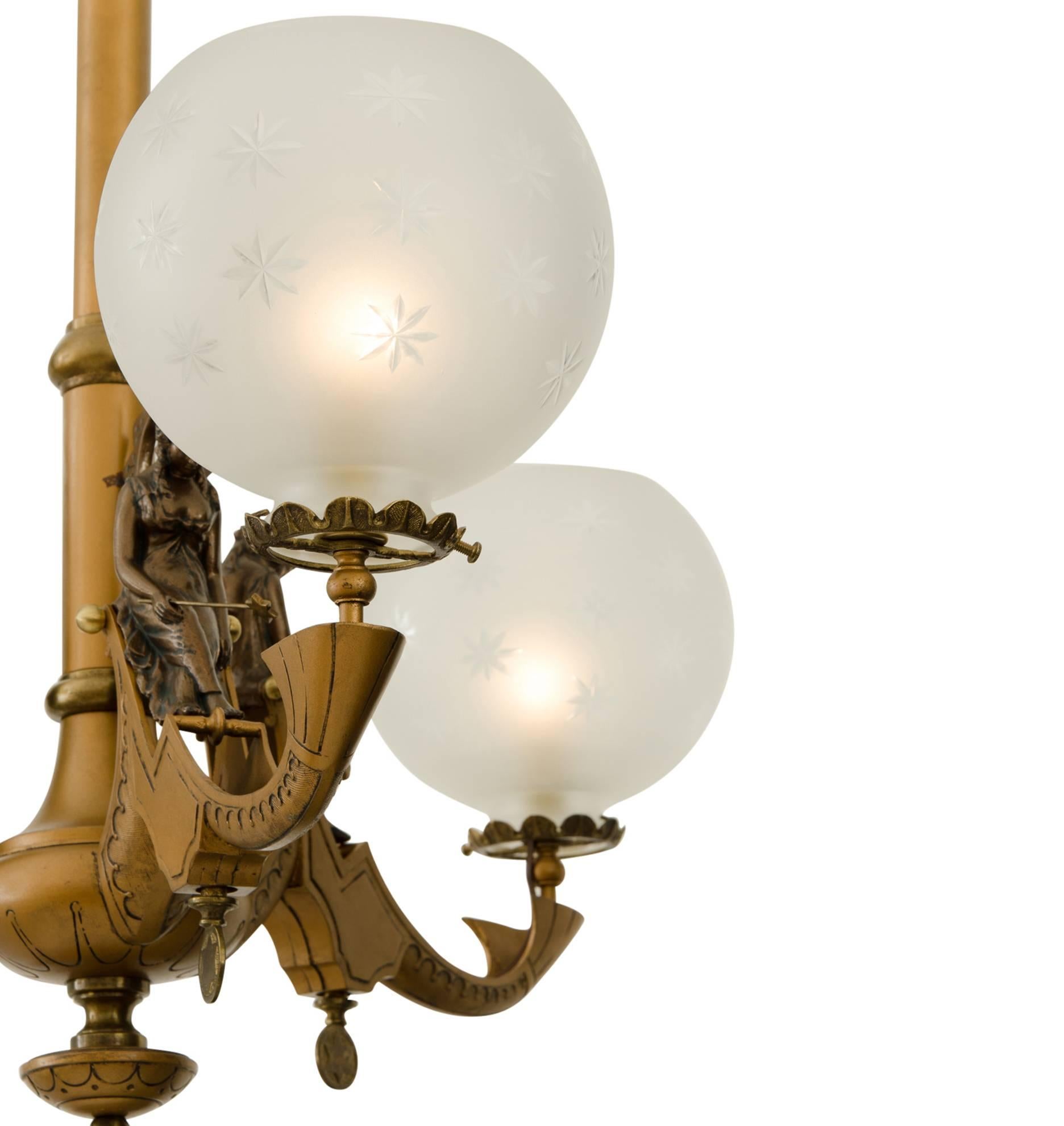 Remarkable three-Light Gasolier with Winged Fairies, circa 1870s In Good Condition In Portland, OR