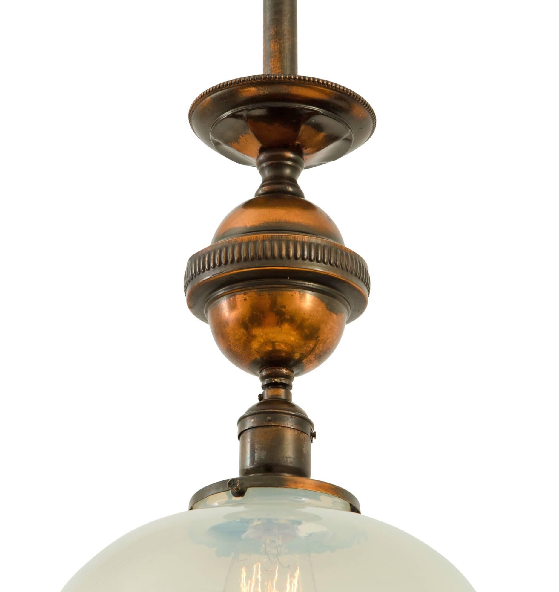 Victorian Japanned Copper Pendant with Straw Opalescent Dome Shade, circa 1900