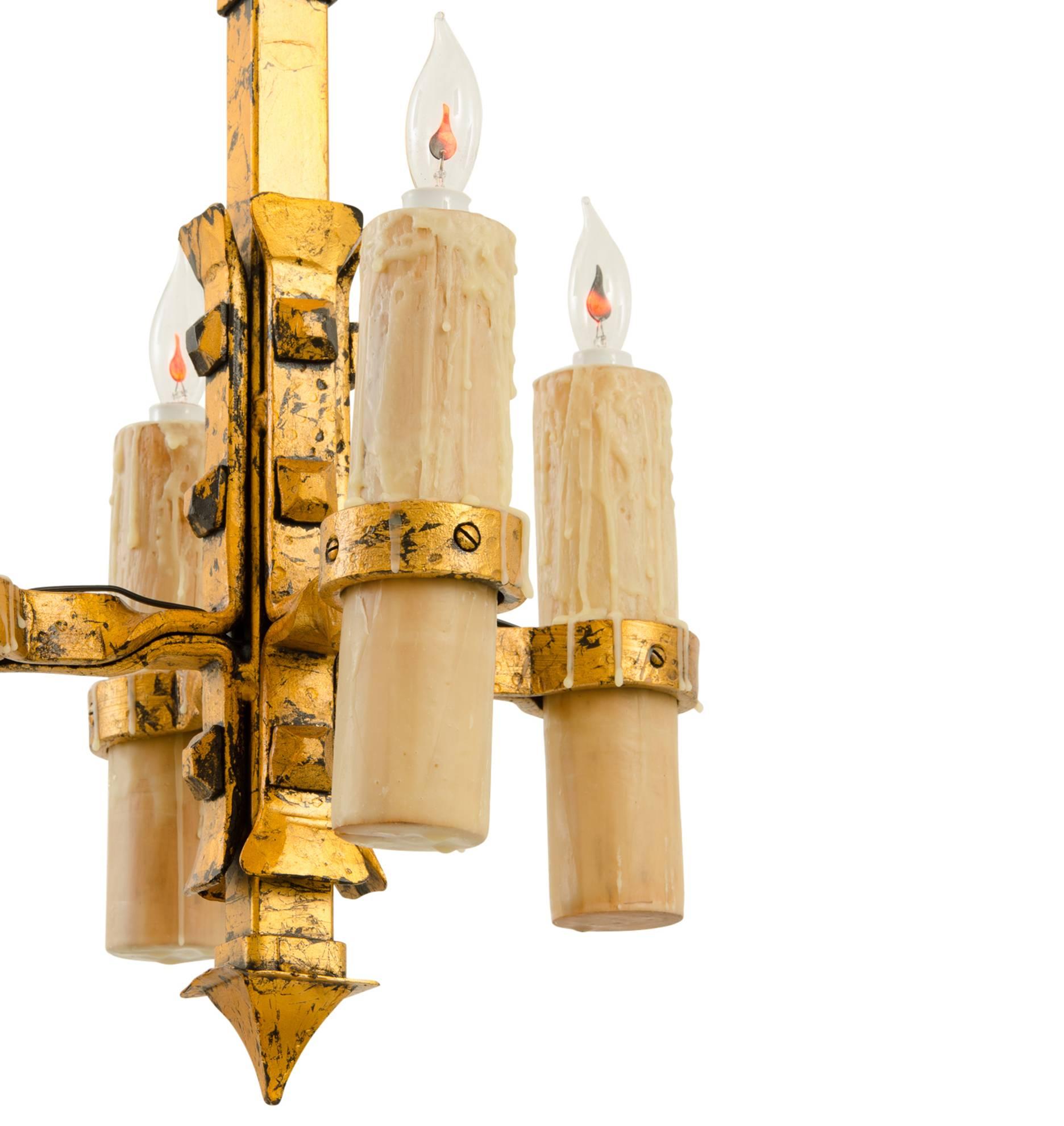 Arts and Crafts Rustic Gold-Leafed Candle Chandelier, circa 1905 For Sale