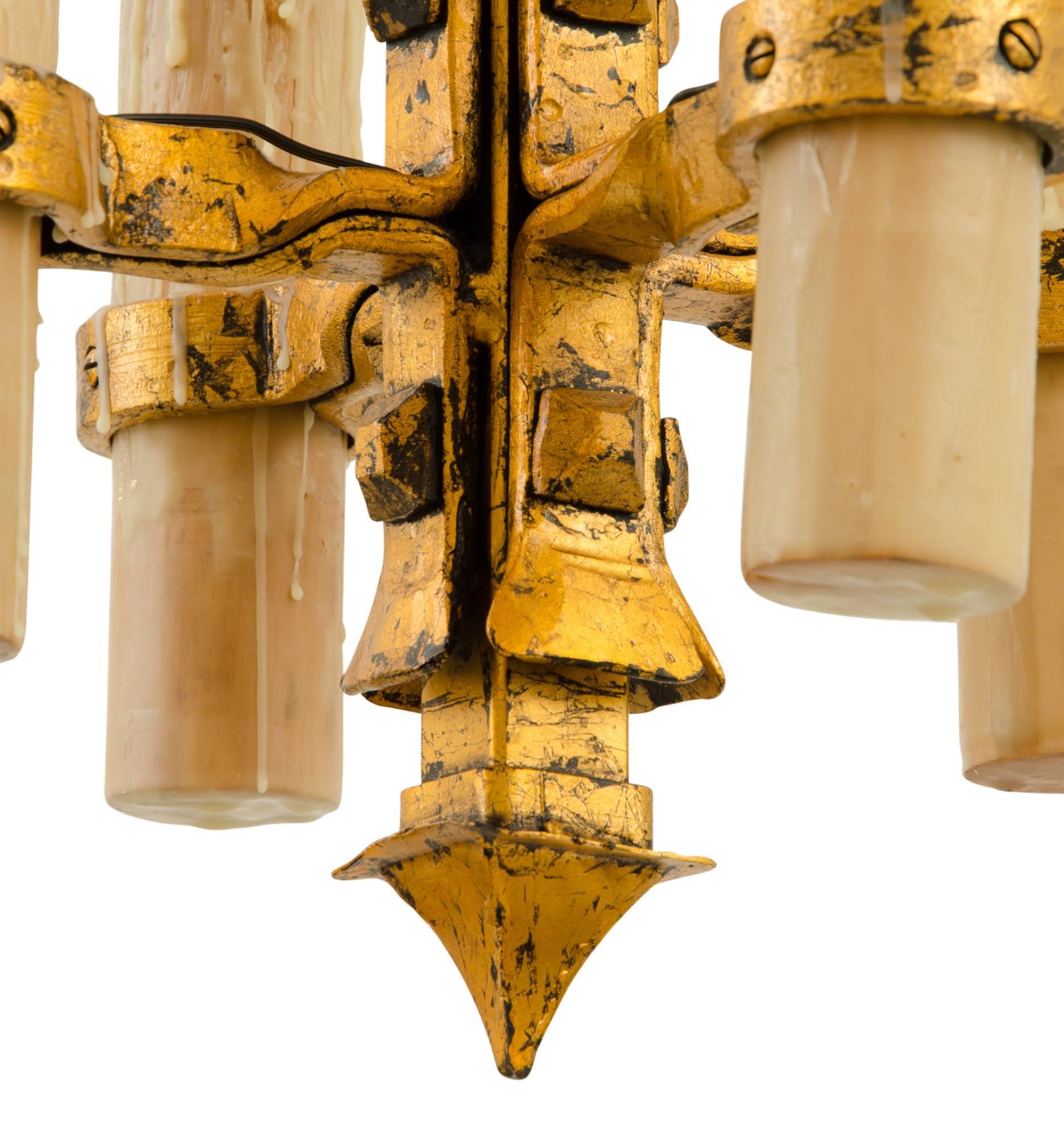 Rustic Gold-Leafed Candle Chandelier, circa 1905 In Good Condition For Sale In Portland, OR