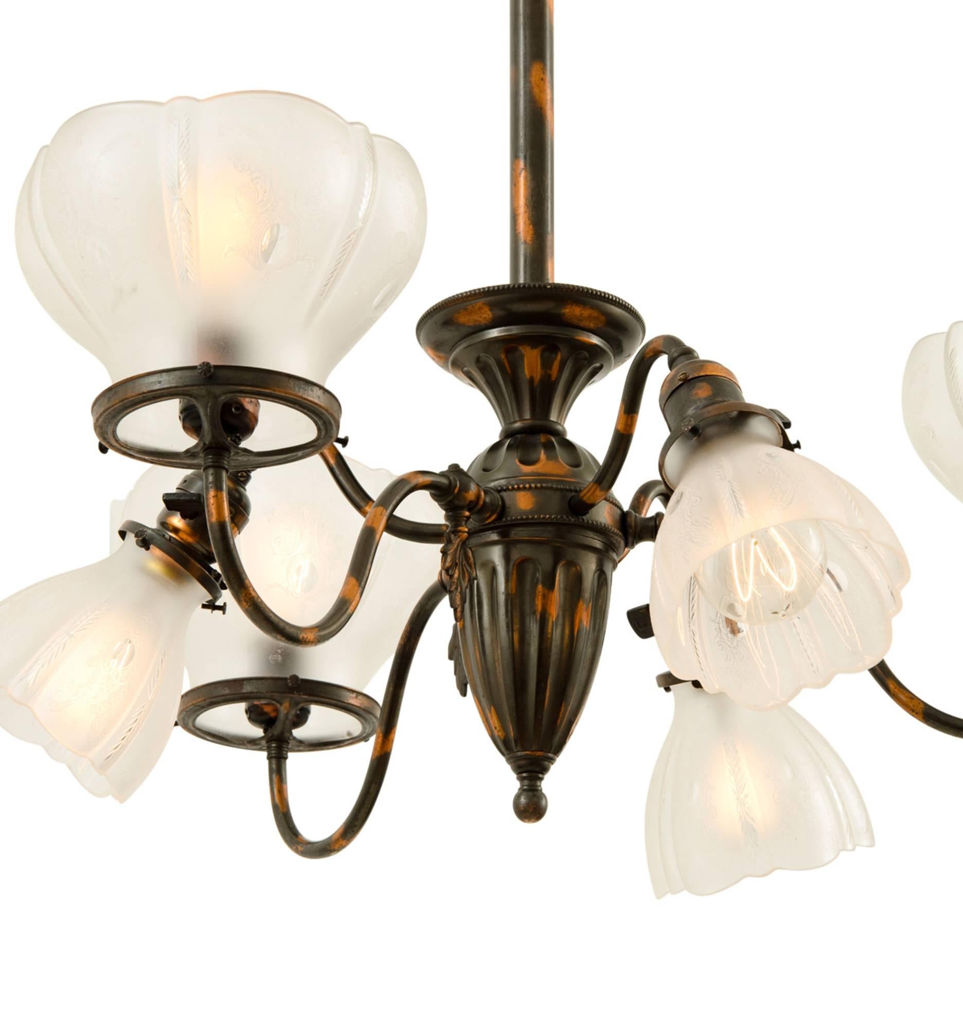 Victorian Transitional Six-Light Chandelier with Japanned Copper Finish, circa 1905