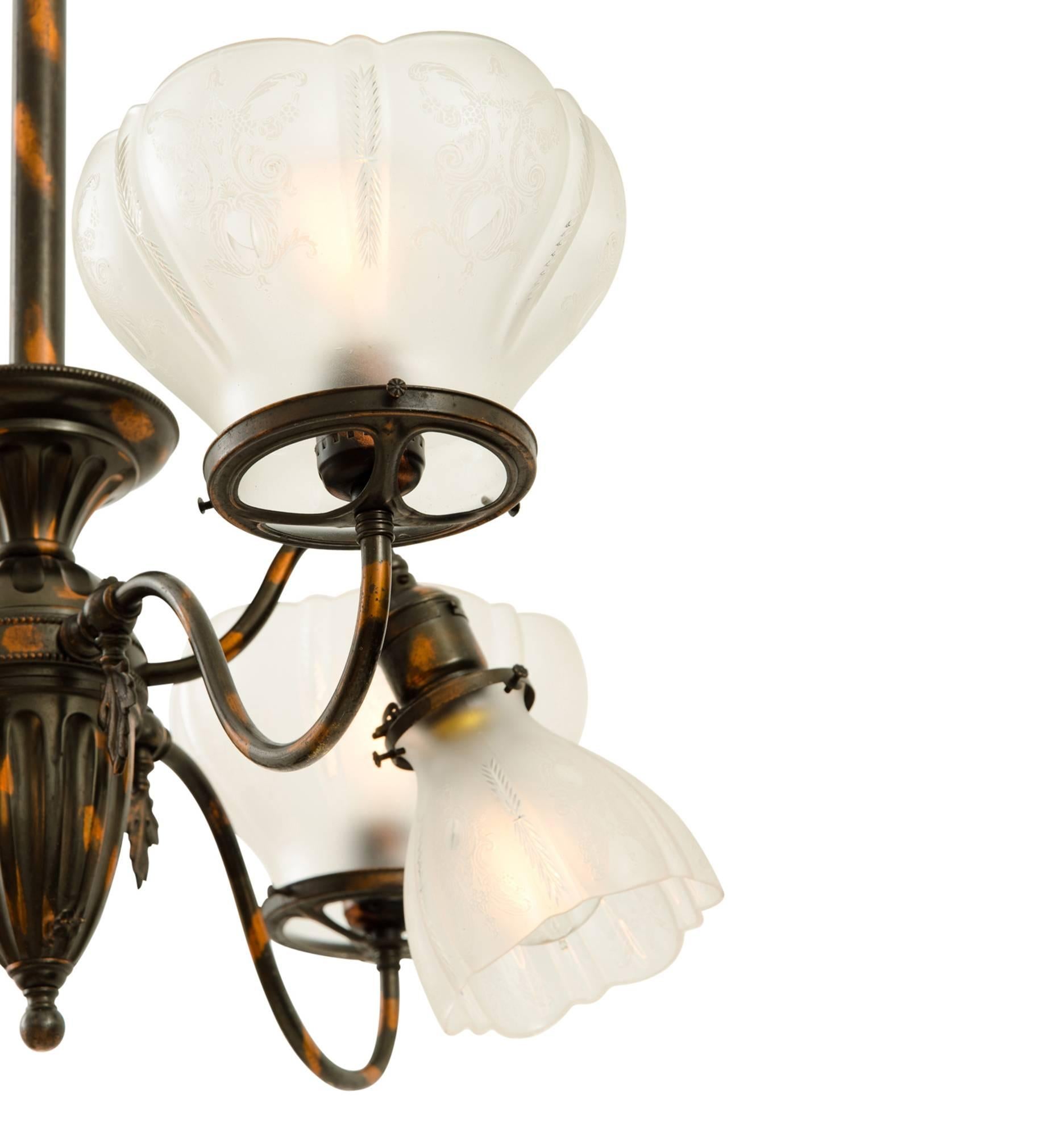 Early 20th Century Transitional Six-Light Chandelier with Japanned Copper Finish, circa 1905