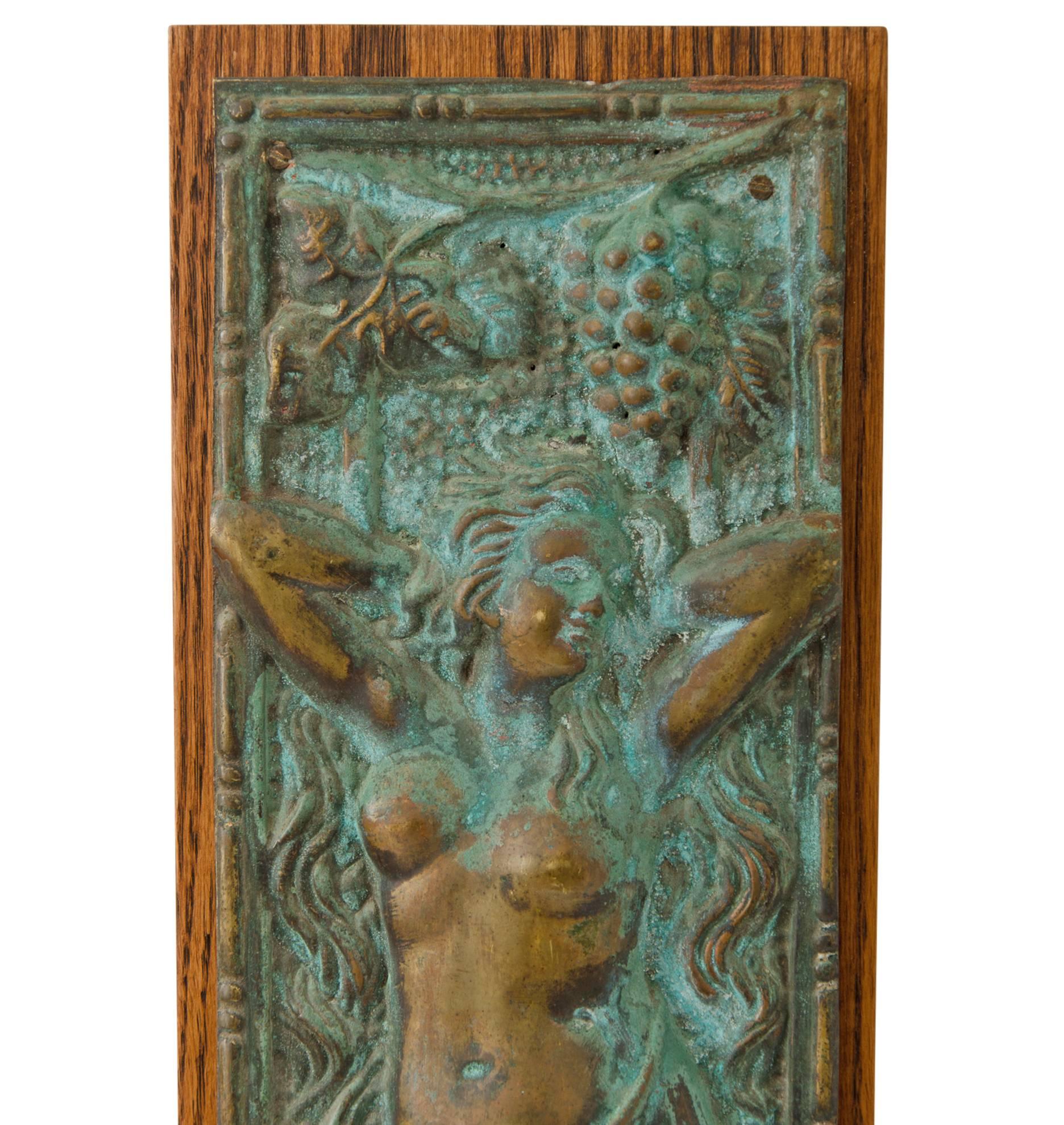 Perhaps salvaged from a larger facade or door, this small cast brass panel features a Grecian figure, Aphrodite-esque, standing atop a seashell and surrounded by grapes and grape leaves. Mounted on a piece of oak, she makes a lovely decorative