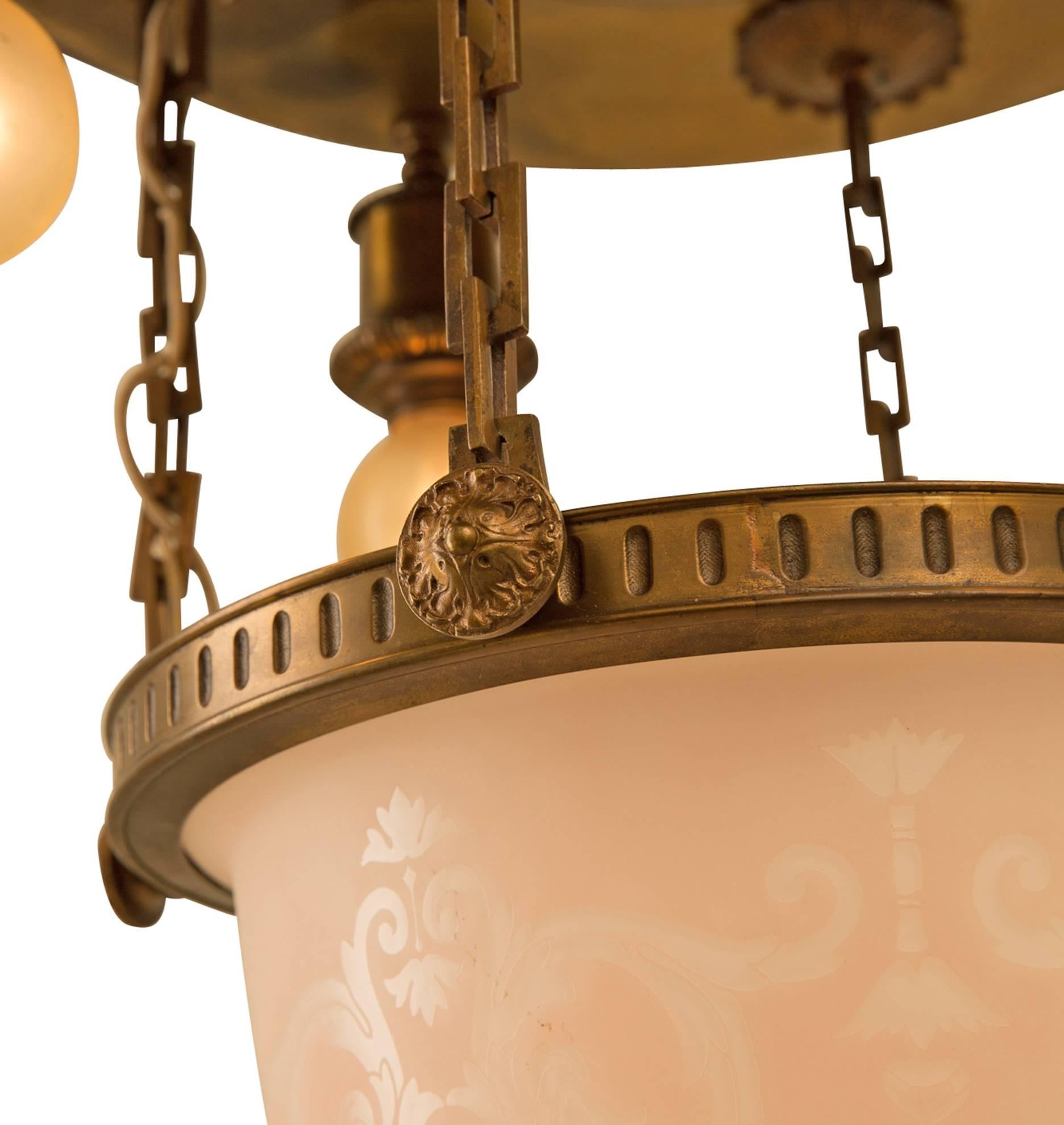Neoclassical Revival Classical Revival Drop Chandelier with Cased Cameo Bowl, circa 1920s For Sale