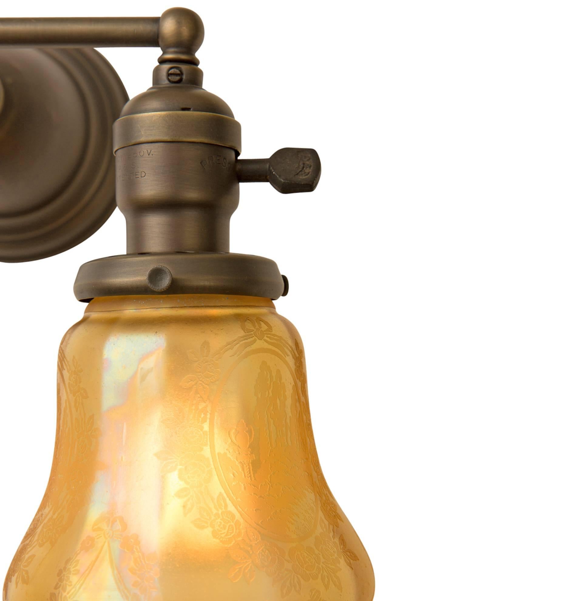 Victorian Pair of Gas-Electric Sconces with Iridized Amber Shades, circa 1905