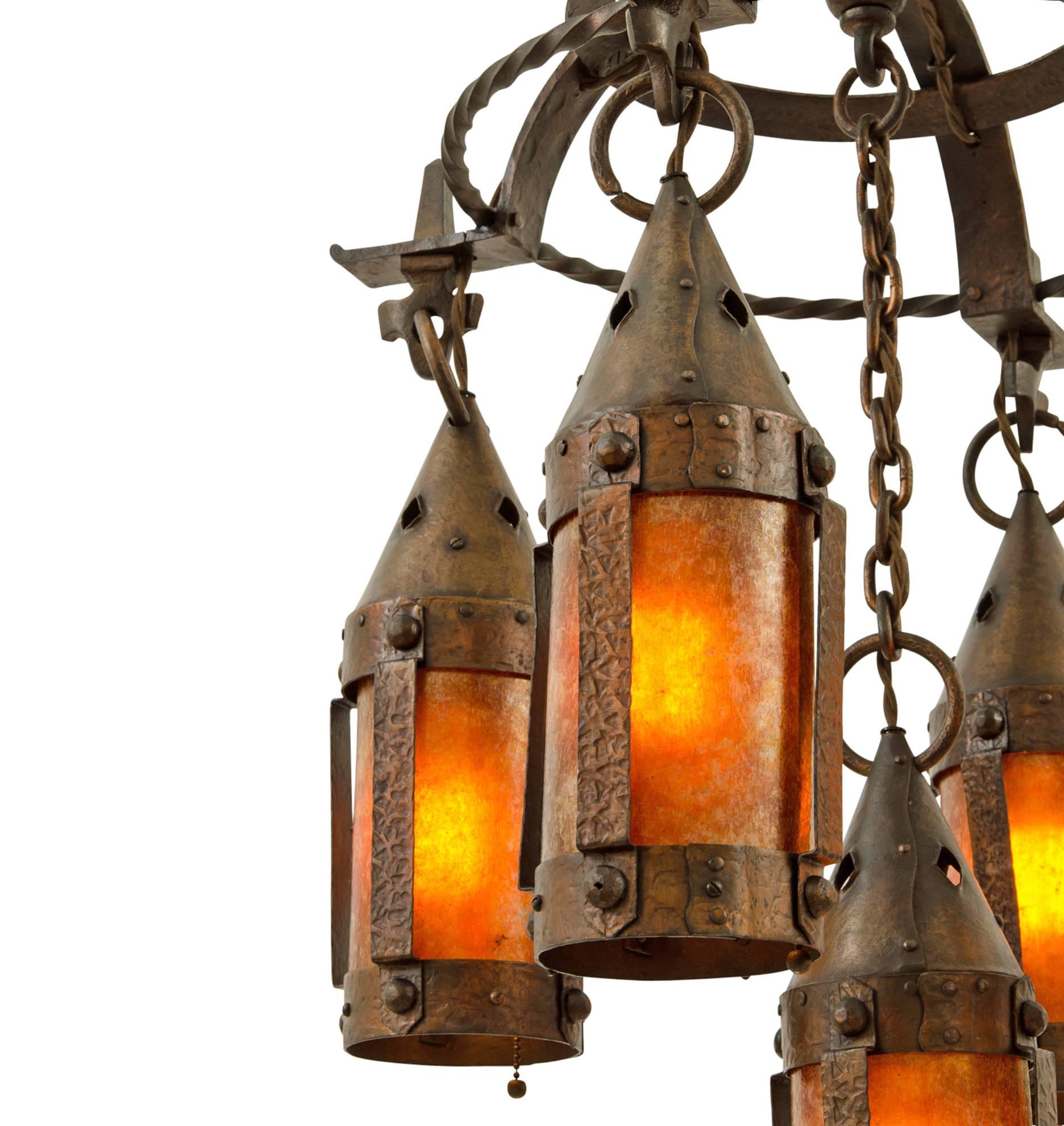 Arts and Crafts Wrought Iron Arts & Crafts Chandelier with Mica Lanterns, circa 1915