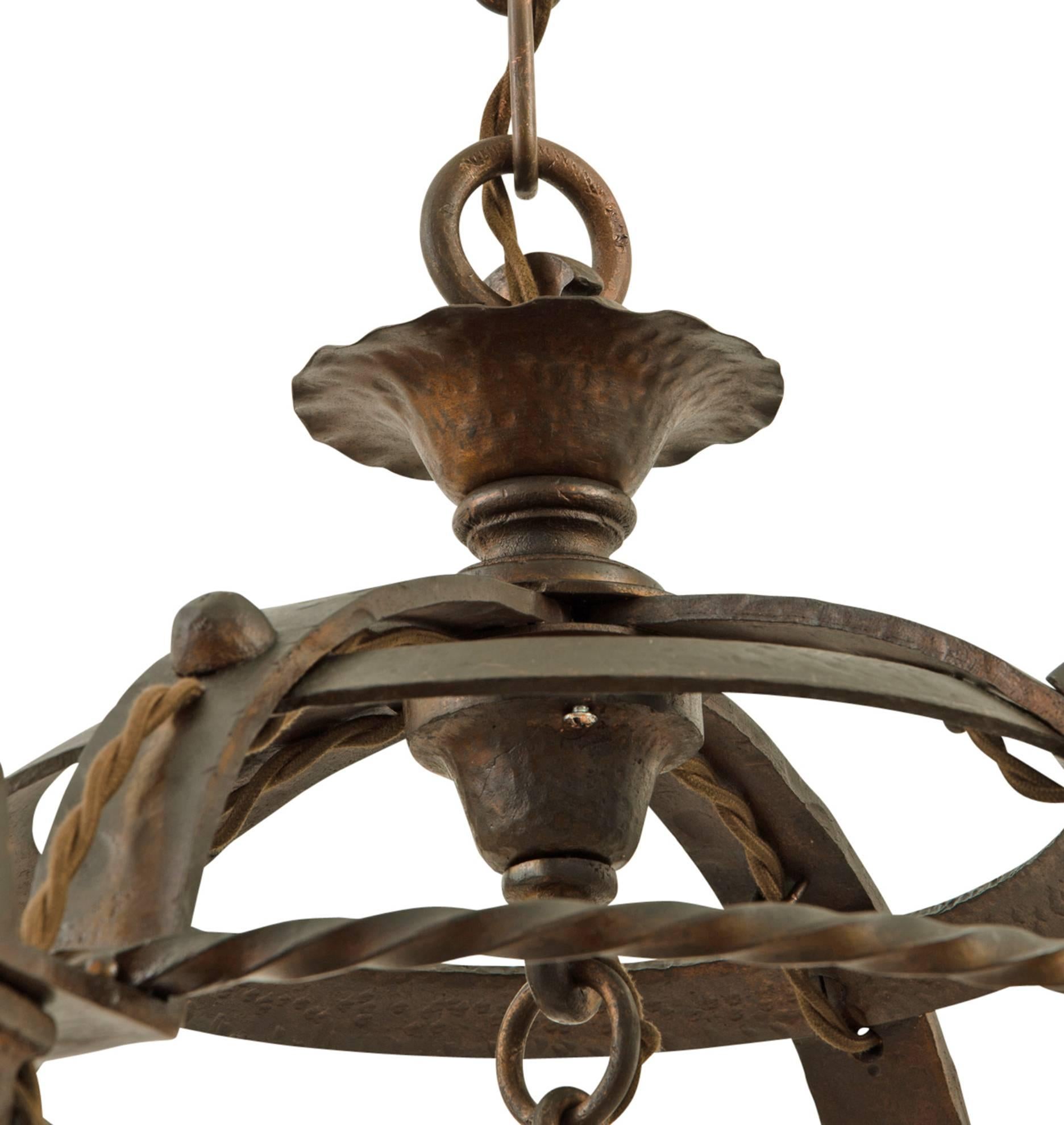 Wrought Iron Arts & Crafts Chandelier with Mica Lanterns, circa 1915 2