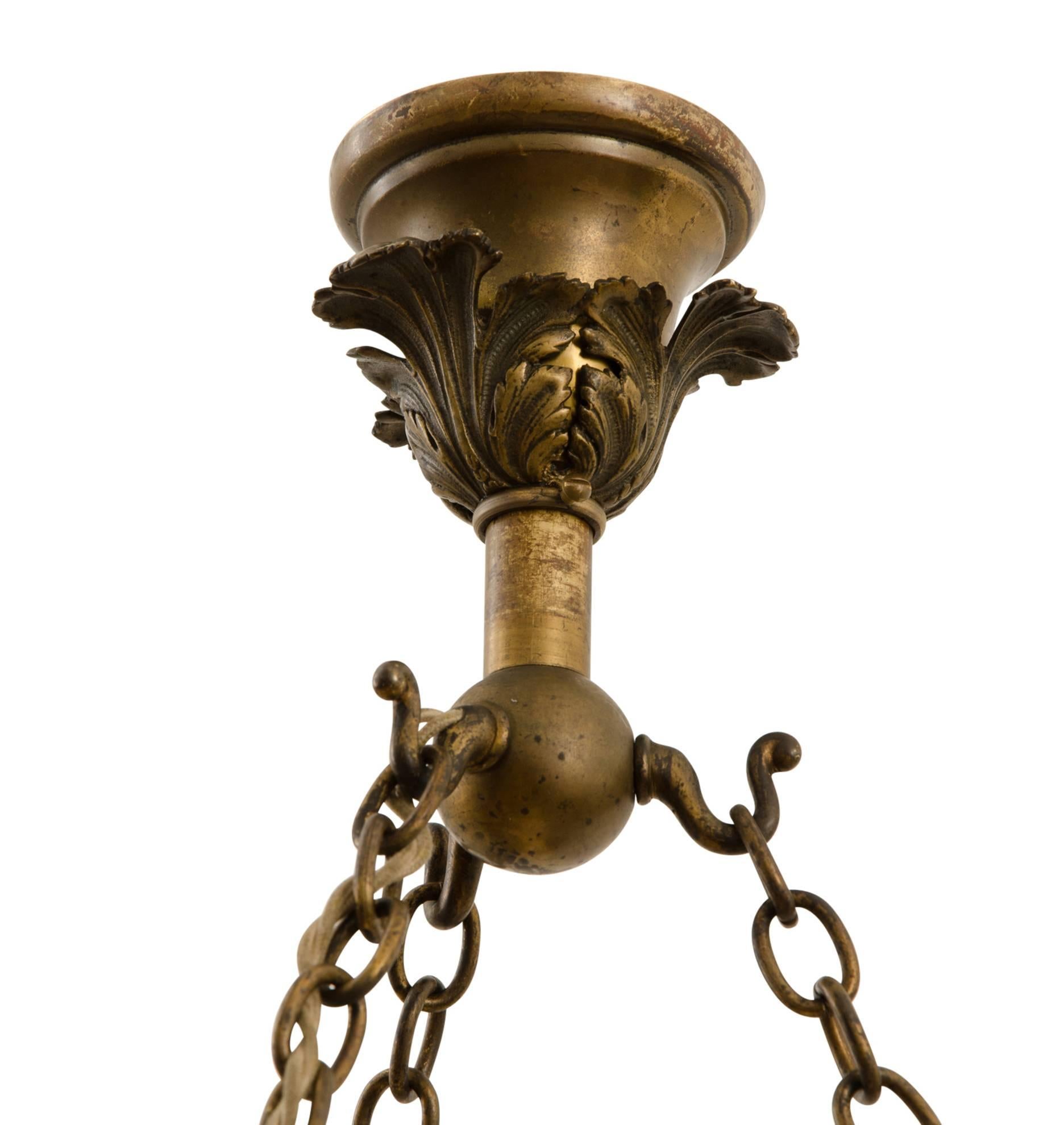 Cast Brass Classical Revival Chandelier with Iridized Amber Shades, circa 1910s In Good Condition In Portland, OR