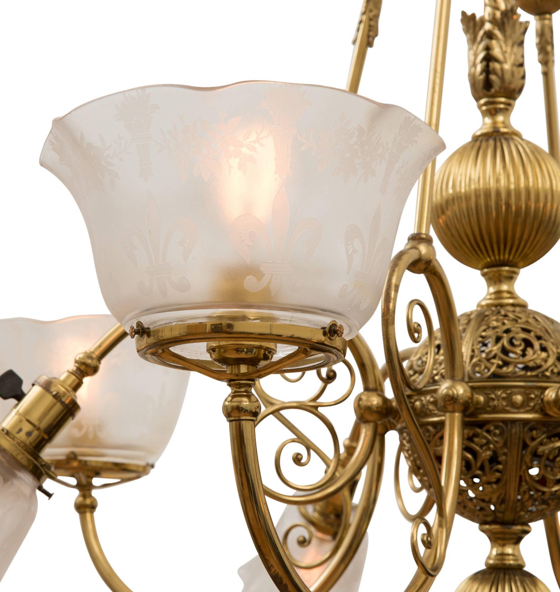 Victorian Gas/Electric Empire Chandelier with Brass-Plated Finish, circa 1900