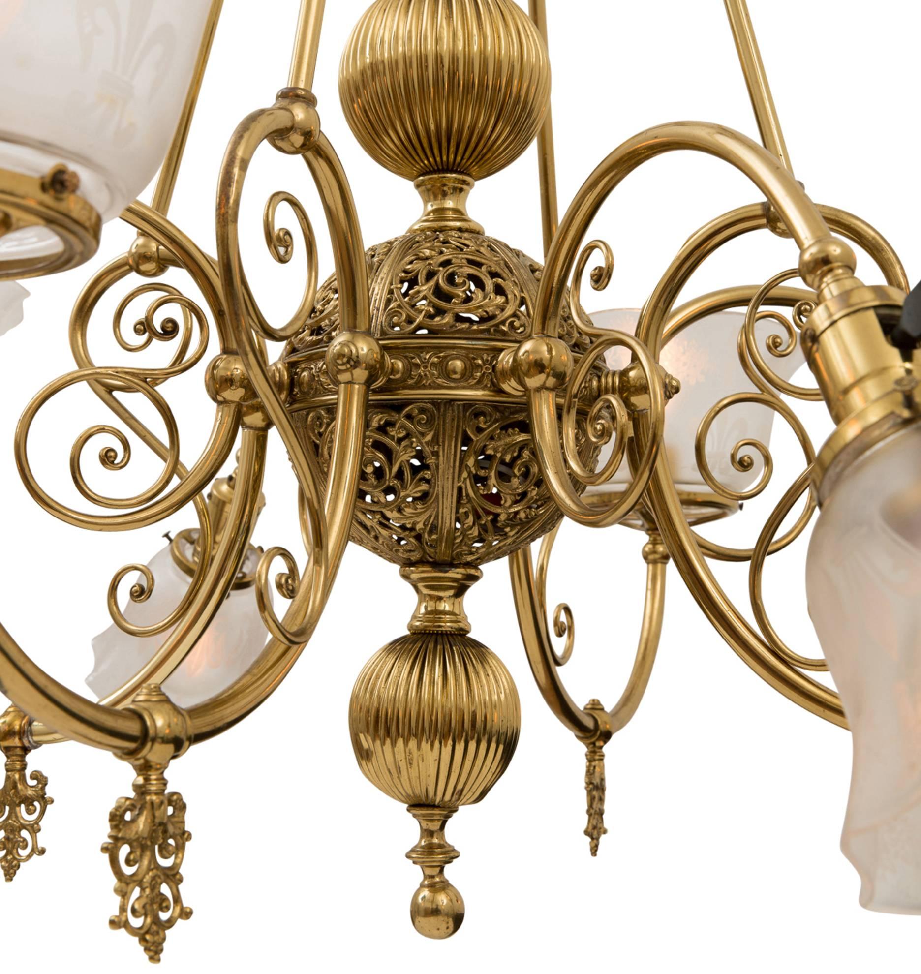 Gas/Electric Empire Chandelier with Brass-Plated Finish, circa 1900 In Good Condition In Portland, OR