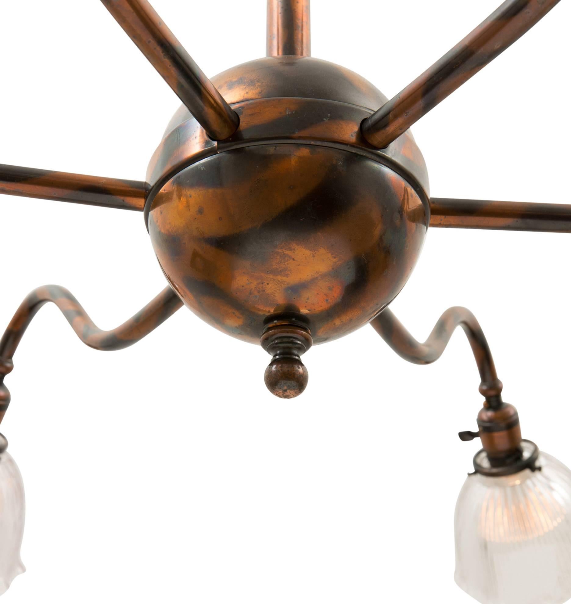 Early 20th Century Enormous Early Electric Chandelier with Japanned Copper Finish, circa 1910 For Sale