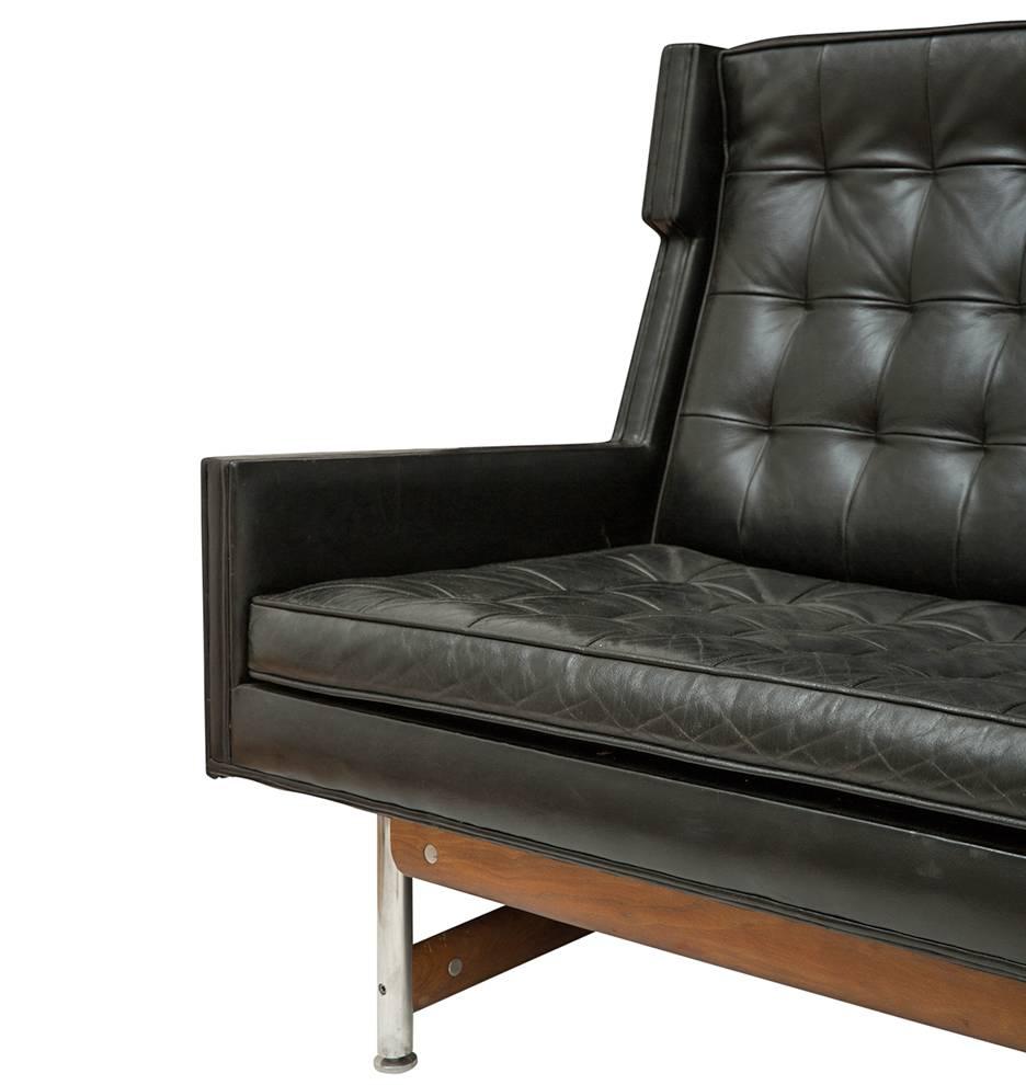 Mid-Century Modern Enormous Tufted Leather Sofa with Aluminium and Walnut Base, circa 1950s