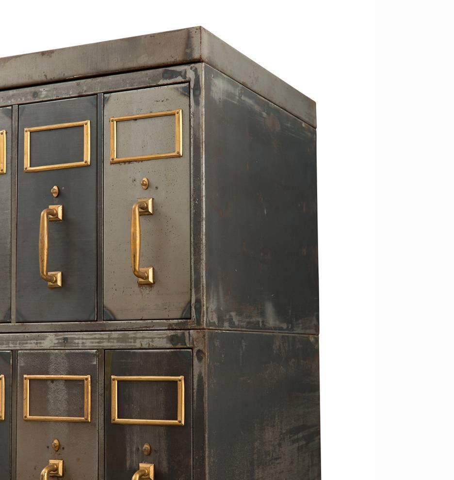 Industrial Tall Raw Steel Filing Cabinet with Brass Hardware, circa 1920s