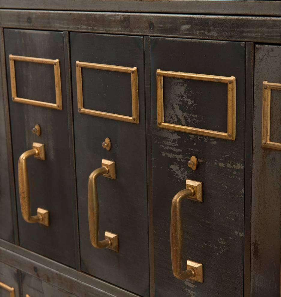 Tall Raw Steel Filing Cabinet with Brass Hardware, circa 1920s In Good Condition In Portland, OR