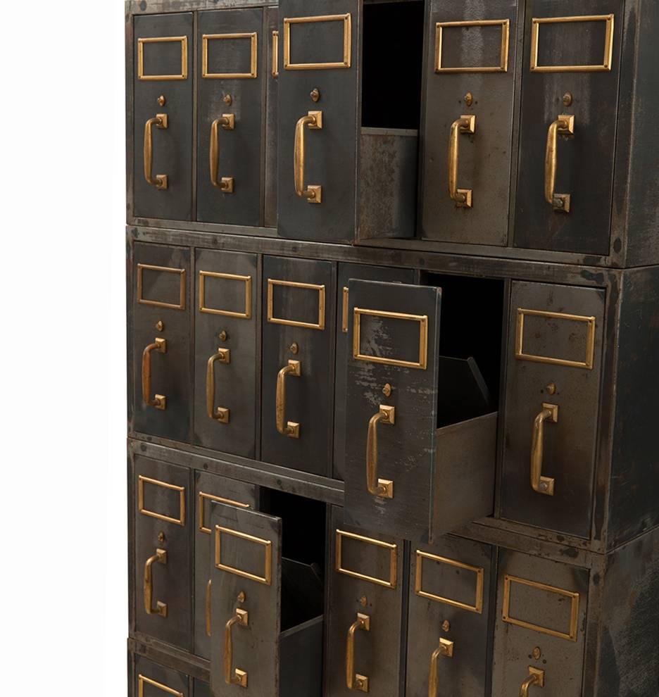 Early 20th Century Tall Raw Steel Filing Cabinet with Brass Hardware, circa 1920s