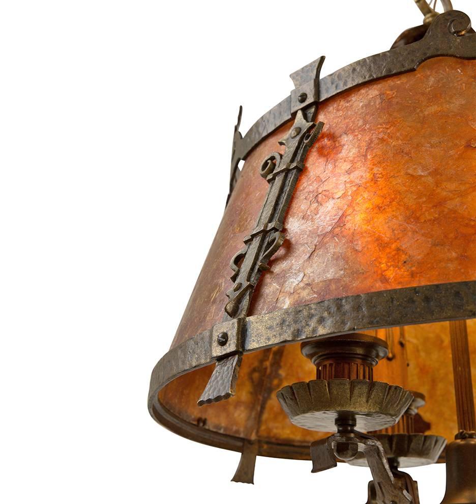 Spanish Revival Mica Drum Shade Chandelier, circa 1928 In Good Condition In Portland, OR