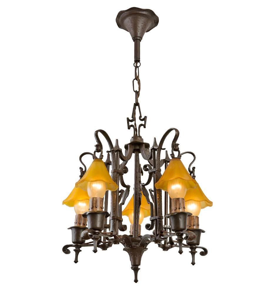 With rustic Hammer textured surfaces and medieval-quaint amber smoke bells shading the bulbs, this amazing chandelier offers an unusual opportunity to bring romance and ambiance into a revival style living or dining room from the Hollywood era.