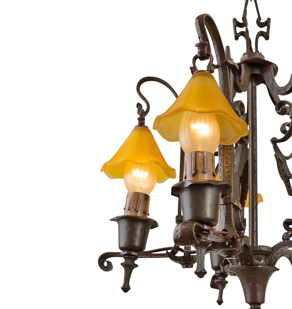 Revival Rare Storybook Style Five-Light Smoke Bell Chandelier, circa 1930