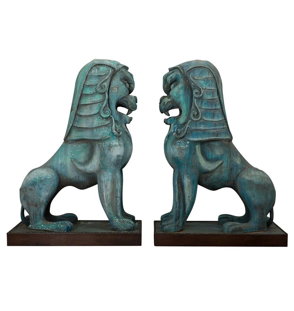 Pair of Gigantic Hollywood Prop Shishi Lions, circa 1950s In Fair Condition For Sale In Portland, OR
