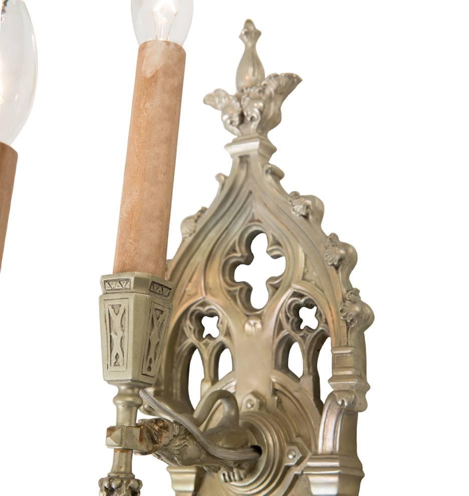 Pair of Gargoyle-Laden Gothic Revival Nickel-Plated Sconces, circa 1910s For Sale 1