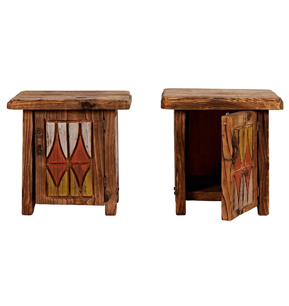 Pair of Rustically Carved Side Tables with NW TOTEM Motif, circa 1950s In Good Condition For Sale In Portland, OR