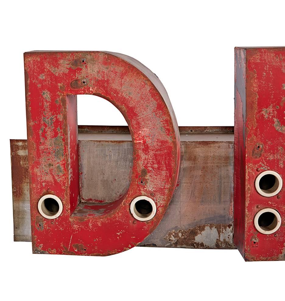 Rustically Worn Curved Drugs Sign, circa 1950s In Fair Condition For Sale In Portland, OR