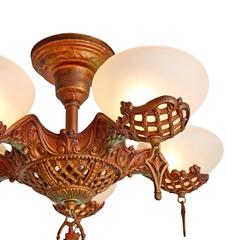 Compact Slipper Shade Chandelier with Original Polychrome, circa 1930