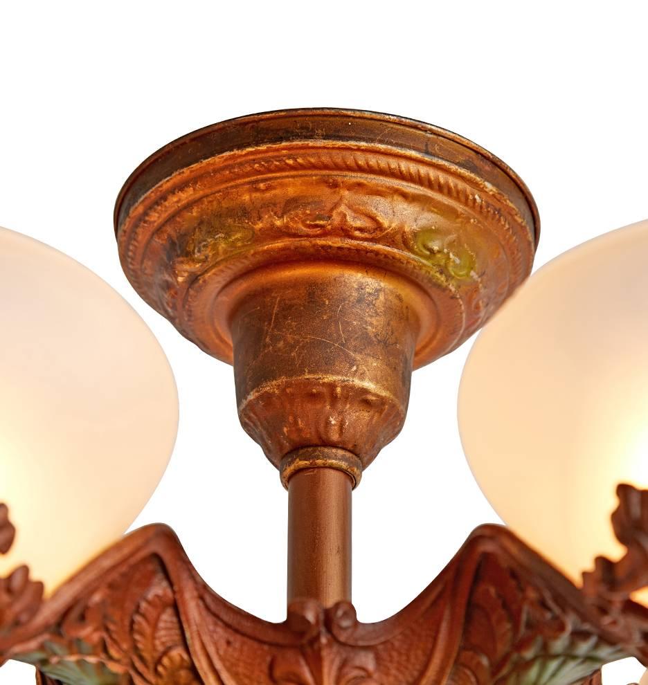 Compact Slipper Shade Chandelier with Original Polychrome, circa 1930 In Good Condition In Portland, OR