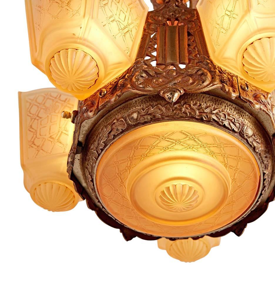 Early 20th Century Stunningly Ornate Six-Light Slipper Chandelier by Moe Bridges, circa 1928 For Sale