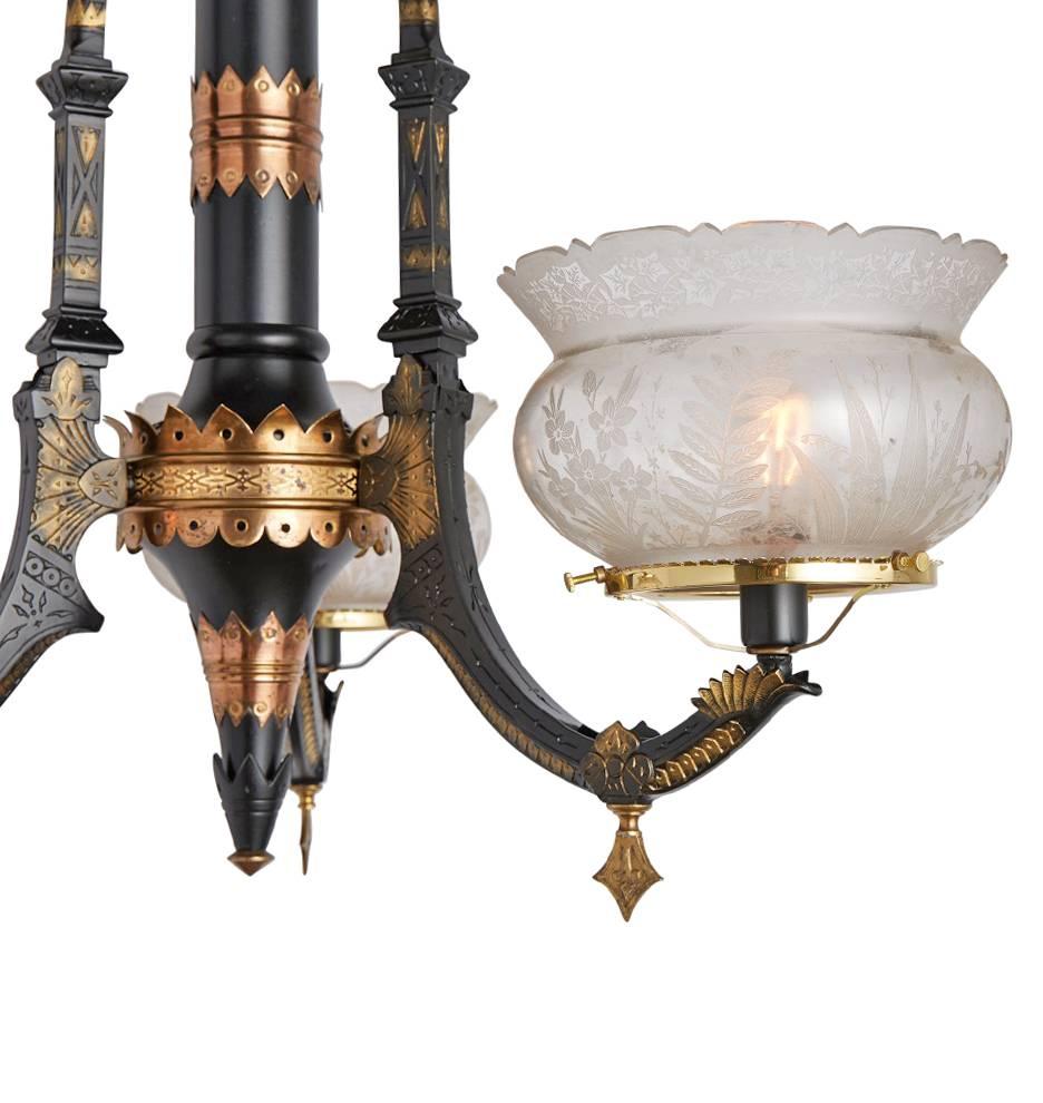 Neoclassical Brass and Black Neo-Grec Gasolier with Etched Shades, circa 1870s