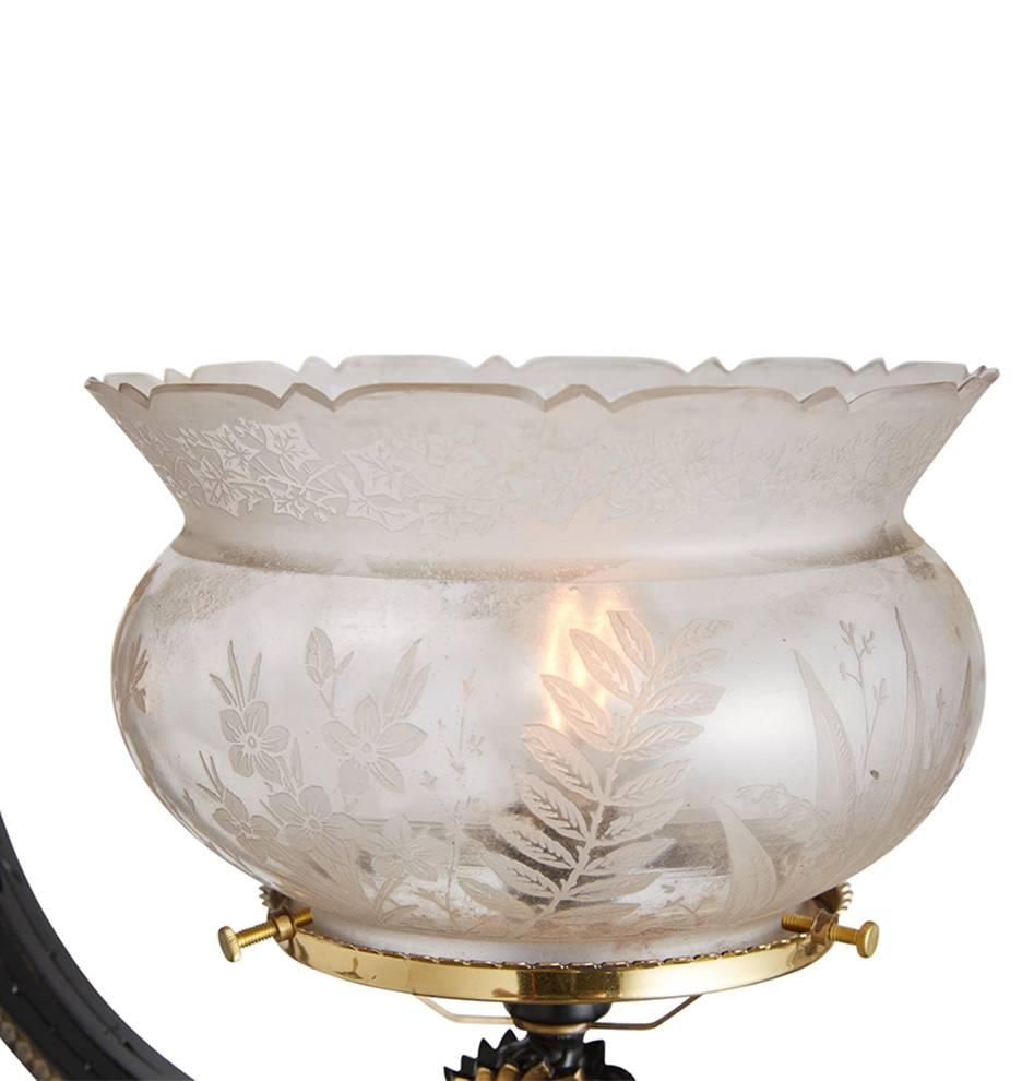 Late 19th Century Brass and Black Neo-Grec Gasolier with Etched Shades, circa 1870s