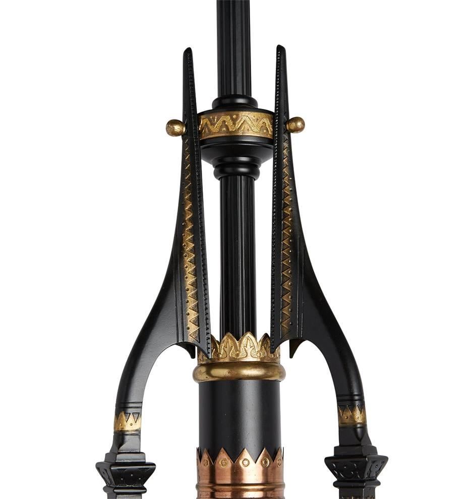 Brass and Black Neo-Grec Gasolier with Etched Shades, circa 1870s 1