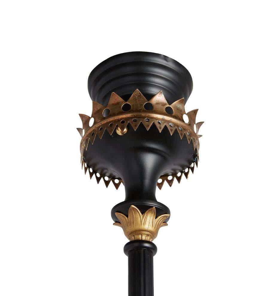 Brass and Black Neo-Grec Gasolier with Etched Shades, circa 1870s 2