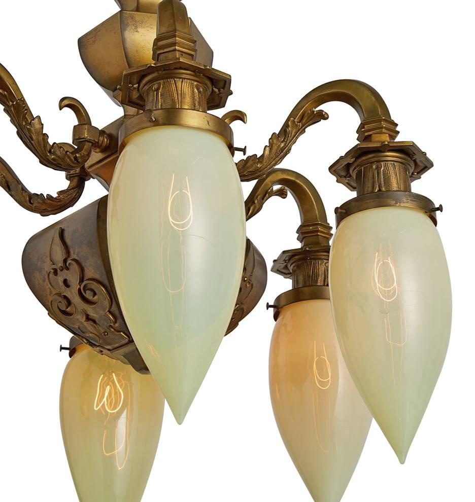 Beaux Arts Six-Light Chandelier with Straw Opalescent Stalactites, circa 1910s In Good Condition For Sale In Portland, OR