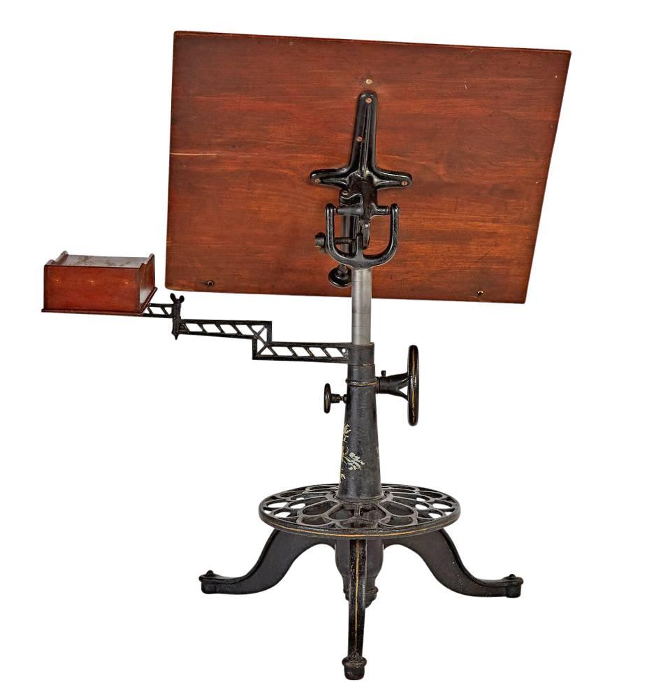 Industrial Drafting Table with Swing-Arm Cubby and Hand-Painted Details, circa 1890s