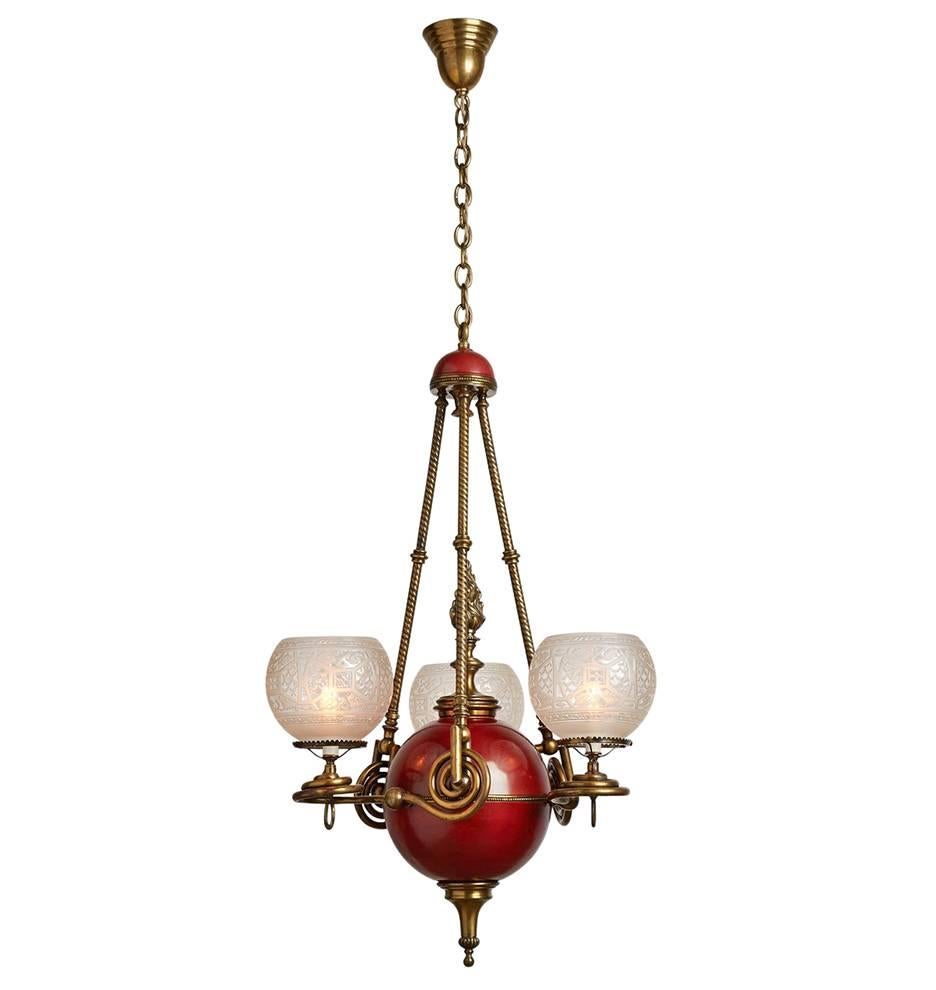 Where to begin with this remarkable, very unusual, and rare chandelier - the styling or the period lighting technology? First business, then pleasure (although it's all enjoyable to us). This Classically-inspired Gasolier (gas-powered Chandelier)