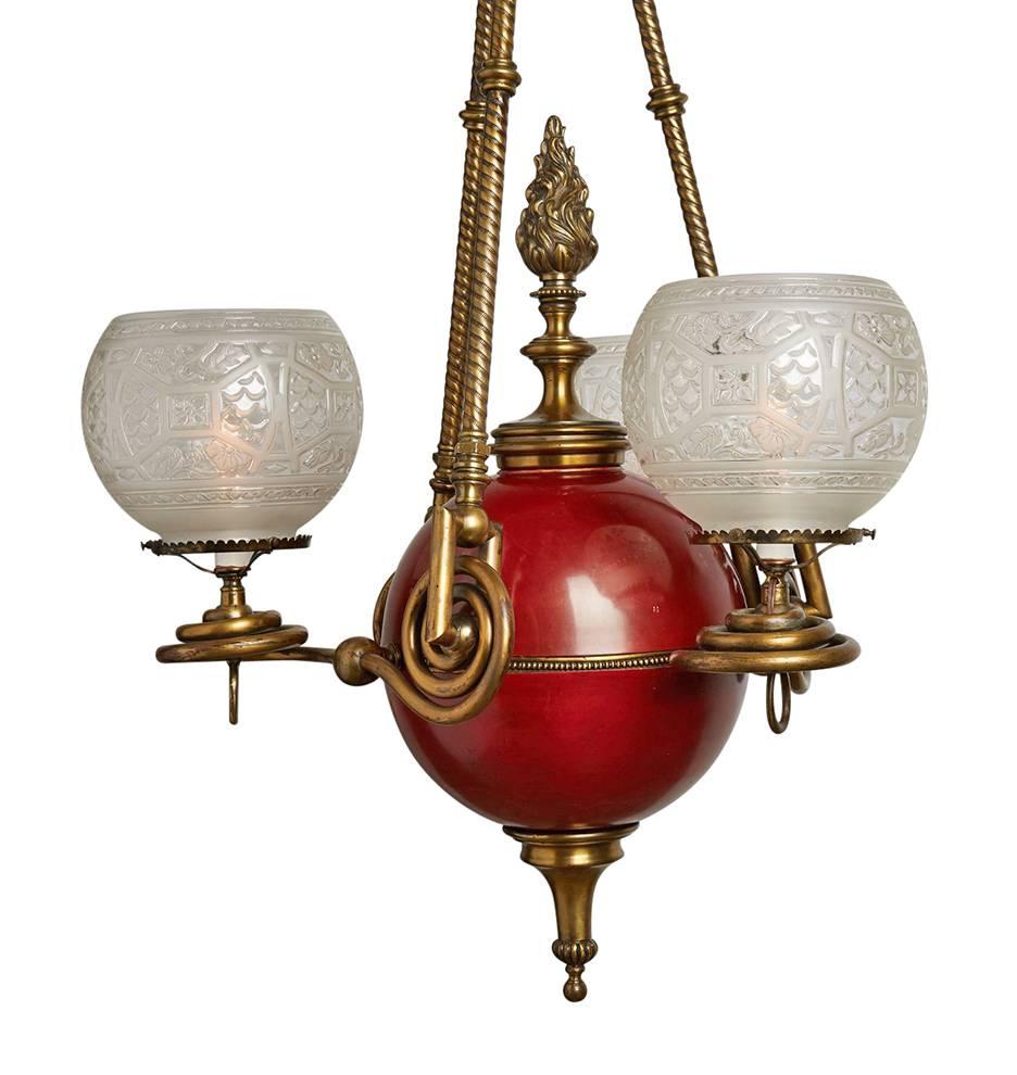 Victorian Brass and Red Enamel Converted Three-Light Gasolier, circa 1880s