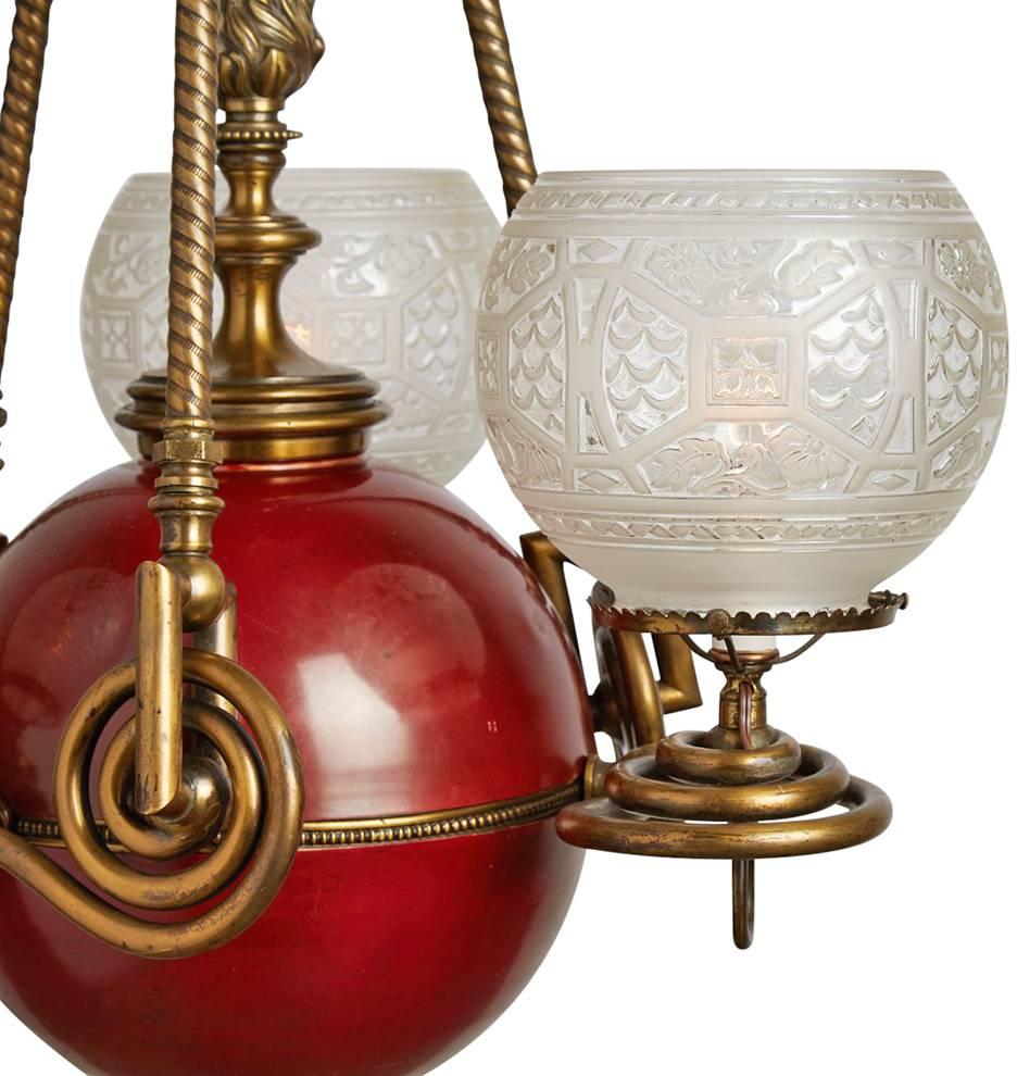 Brass and Red Enamel Converted Three-Light Gasolier, circa 1880s In Good Condition In Portland, OR
