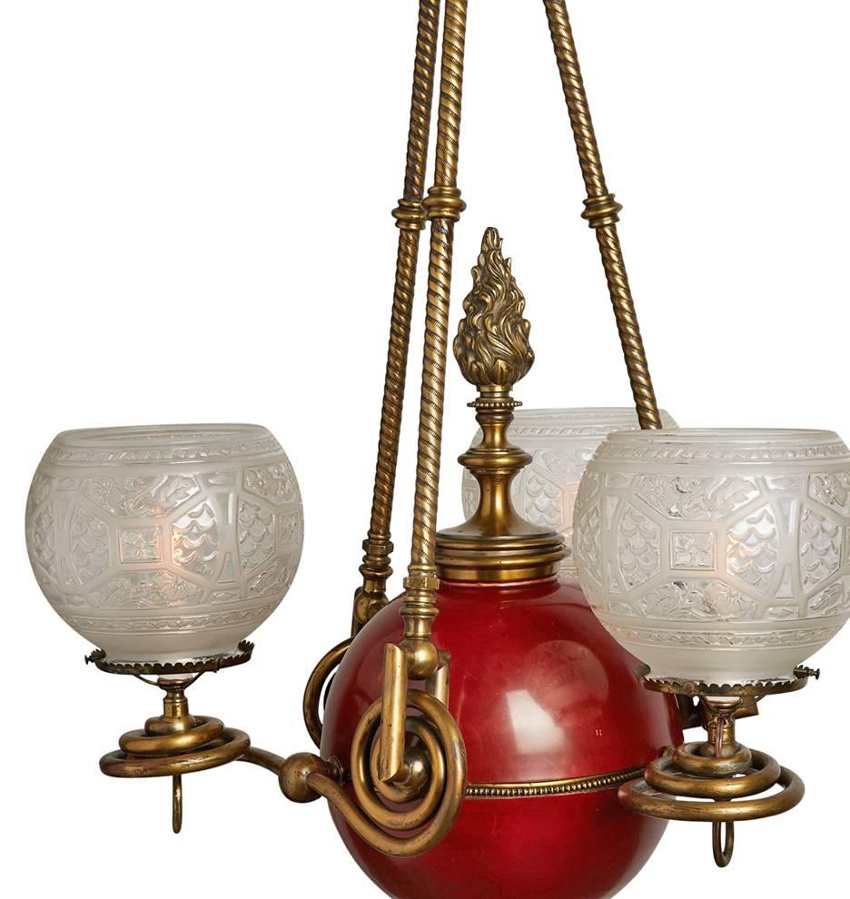 Late 19th Century Brass and Red Enamel Converted Three-Light Gasolier, circa 1880s