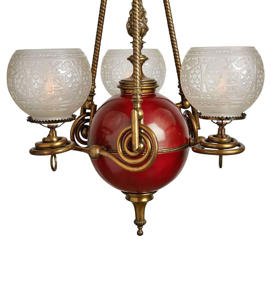Brass and Red Enamel Converted Three-Light Gasolier, circa 1880s 1