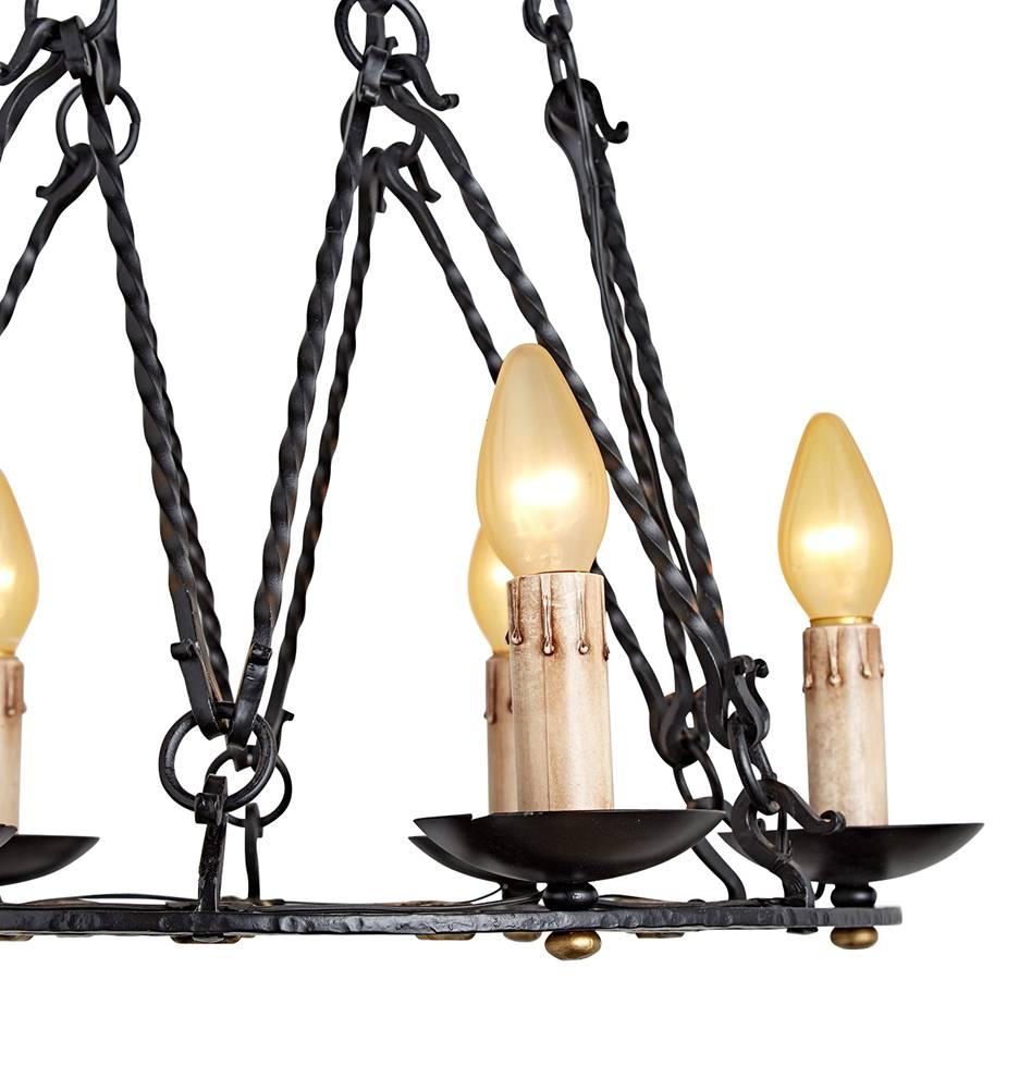 Ornate French Wrought Iron Six-Light Chandelier, circa 1920s In Good Condition In Portland, OR