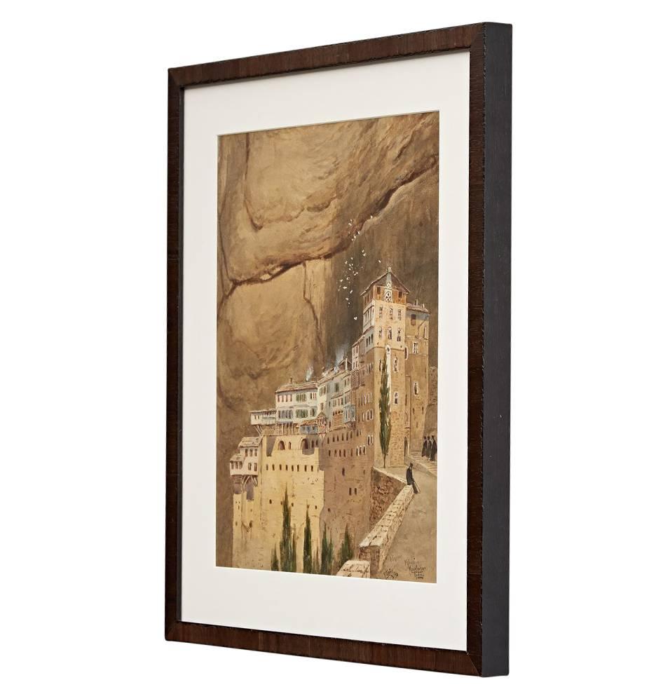 Peter Peterson toft was a celebrated artist and illustrator who was best known for his landscapes depicting Europe and the American West. This remarkable watercolor depicts Mega Spileo, a cliffside monastery in the Peloponnese region of Greece,