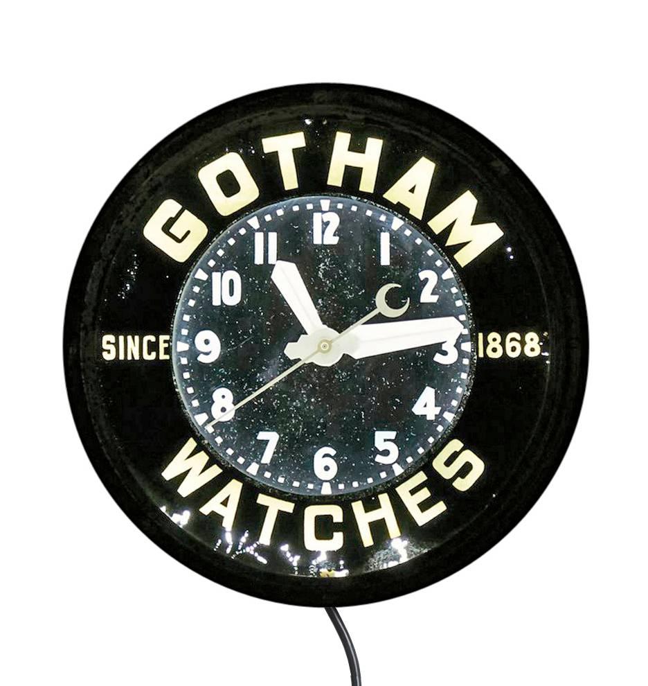 Art Deco Gotham Watches Advertisement Clock by Glo-Dial, circa 1930s In Good Condition In Portland, OR