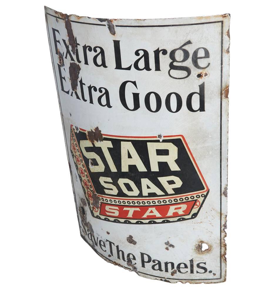 Industrial Well-Worn Star Soap Curved Porcelain Sign, circa 1930s For Sale