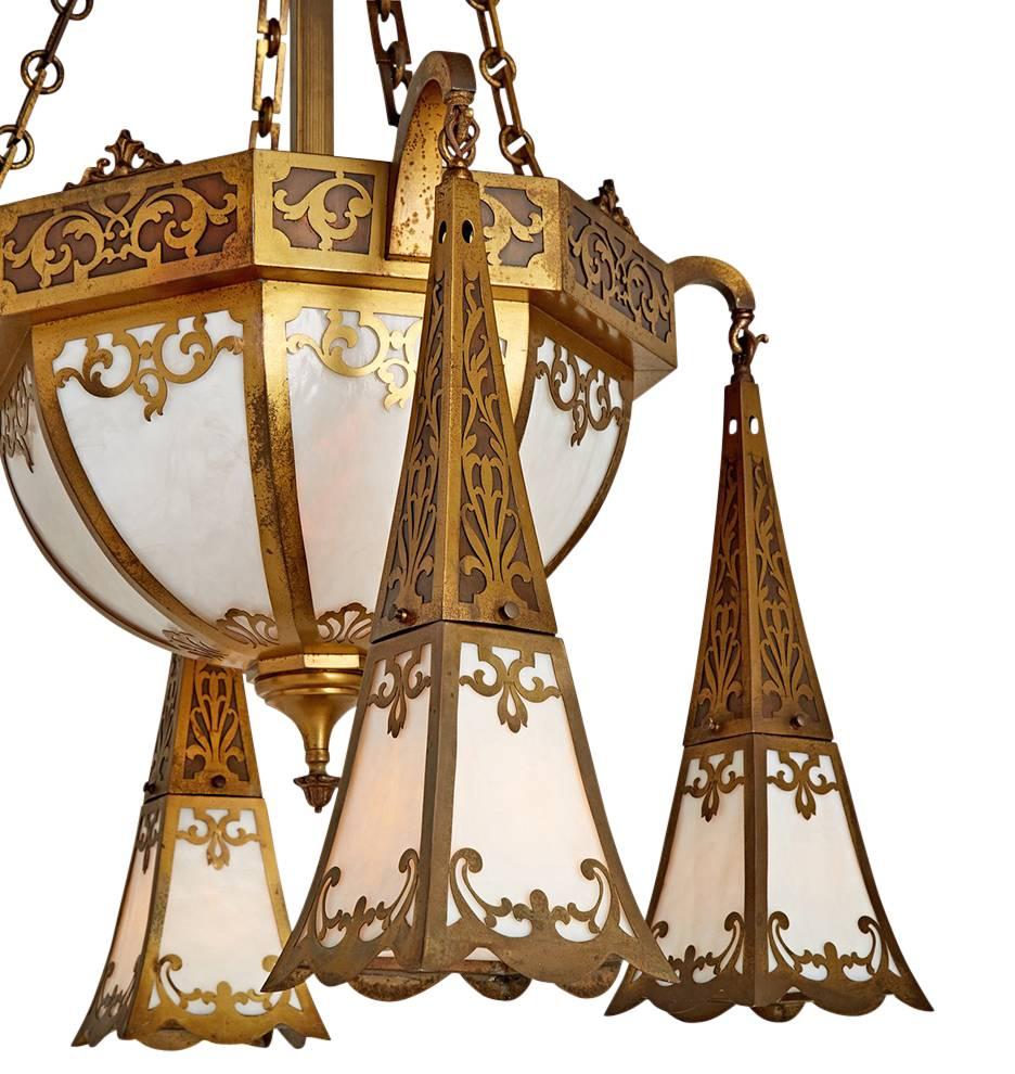 Arts and Crafts Impressive Mission Bowl Chandelier with Ornate Brasswork, circa 1915 For Sale