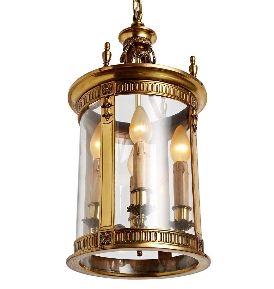 Large Brass Classical Revival Entry Lantern, circa 1920s In Good Condition In Portland, OR