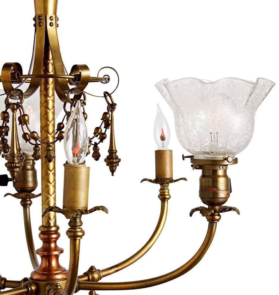 Revival Remarkable Six-Light Gas Electric Chandelier W/ Dangling Ornaments, circa 1905 For Sale